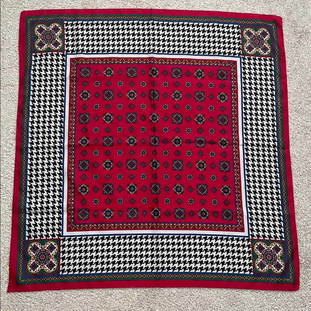 Vintage Avon Red Multi houndstooth 30" Scarf Made in Italy EUC